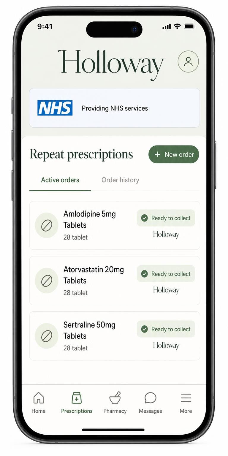 The Holloway app showing repeat prescriptions